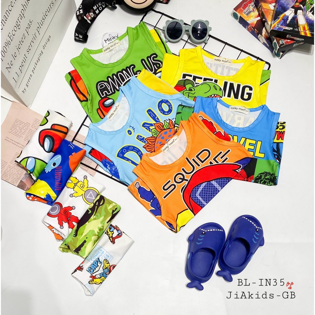 Bộ Ba Lỗ VẢI 3D MINKY MOM In Hình Họa Tiết Khủng Long Siêu Anh Hùng Cho Bé BL-IN35