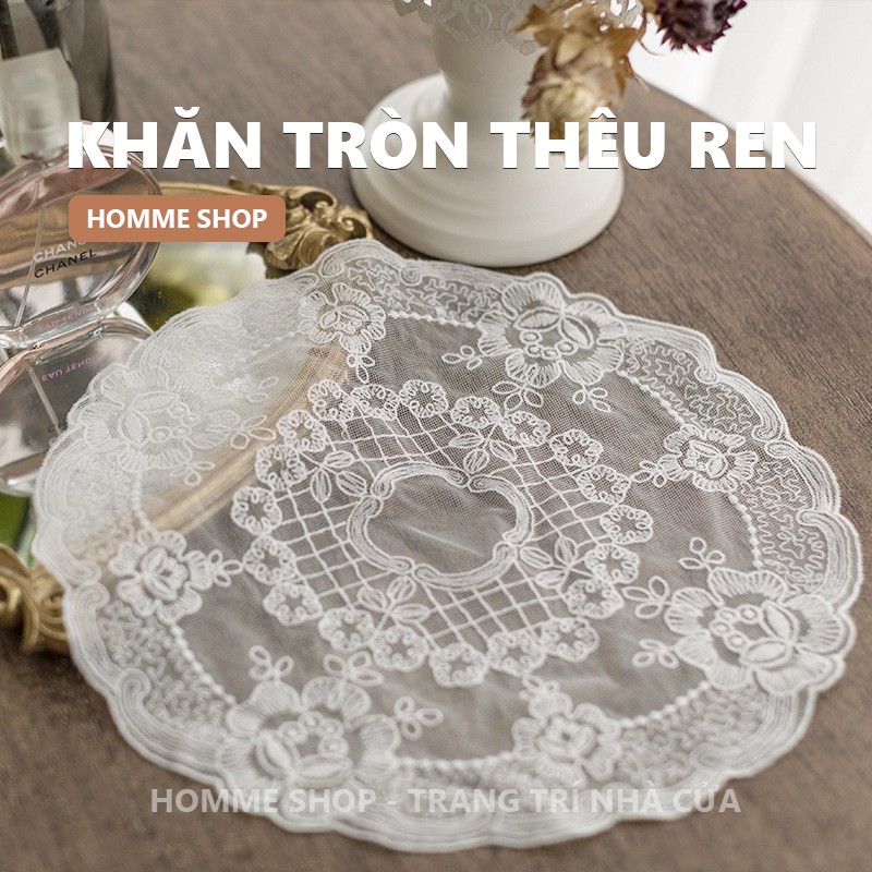 Khăn trải bàn vintage tròn thêu ren trang trí tab đầu giường, lót bình hoa, lót chân đèn, decor phòng ngủ HOMME