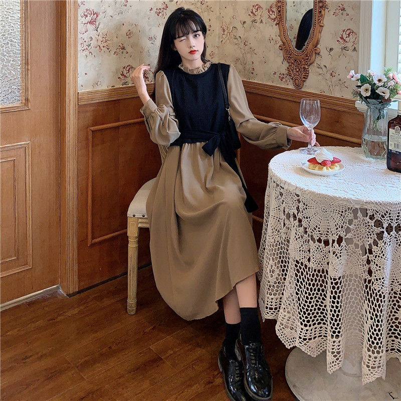 [LININ] Đầm Dài Tay Lửng Giả Hai Mảnh Phong Cách Retro Thời Trang Thu Đông Kiểu Mới Kích Thước Lớn Phong Cách Pháp Dành Cho Bạn Nữ Tem