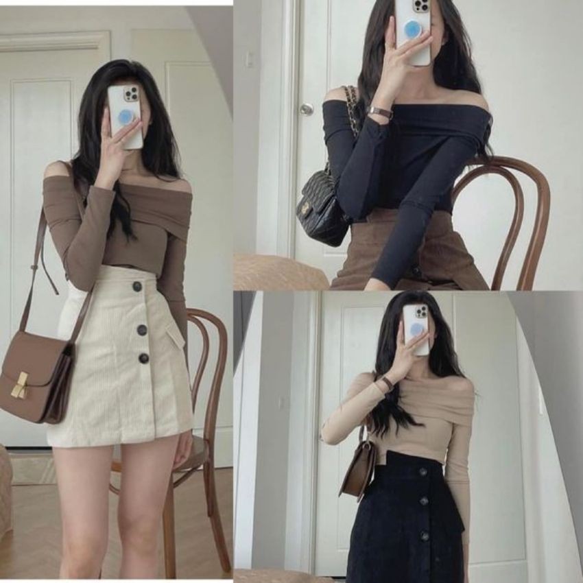 Áo len tăm nữ dài tay trễ vai kiểu dáng Hàn Quốc cực xinh, chất len mỏng thích hợp cho những ngày thu và ngày lạnh nhẹ