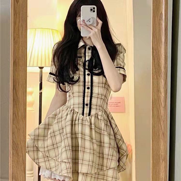 Váy dáng xòe 2 lớp thắt nơ kẻ caro vàng cực xinh Ảnh thật