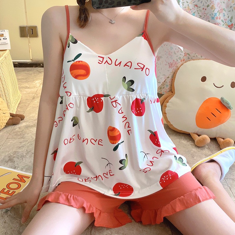 Bộ đồ ngủ 2 dây siêu cute- bộ đồ bầu chất thun cotton thoáng mát, thiết kế quần có khuy và chun  chỉnh BĐ834