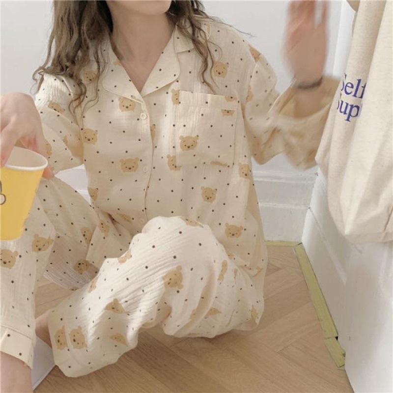 Bộ Pijama chất đũi xốp hoạ tiết gấu PU chấm siêu xinh Hàng Áo dài Và Cộc