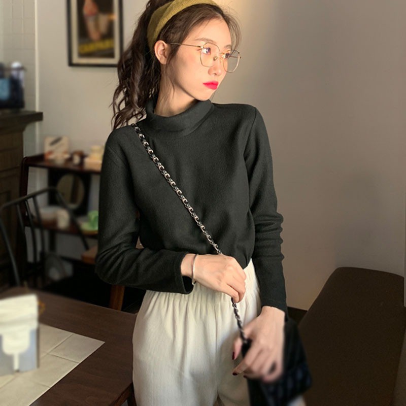 Áo Thun Nữ Tay Dài Cổ Cao Màu Trơn Phong Cách Hàn Quốc