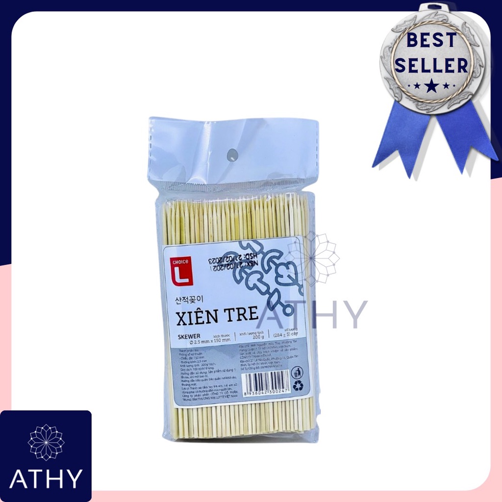 XIÊN TRE 200G 2.5X150MM, 285 cây xiên chiên nướng thịt cá viên, thanh tre xiêng đồ nướng, bịch tăm lớn xuyên thịt