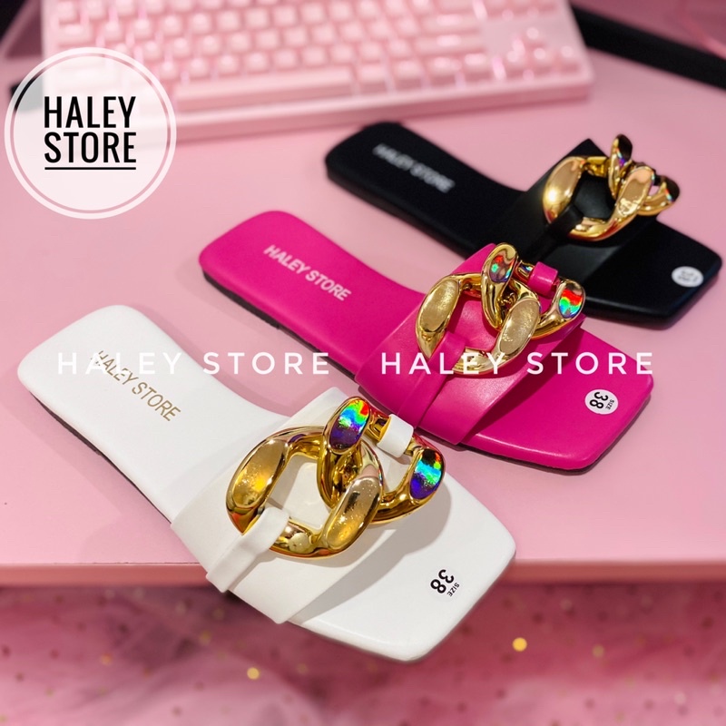 Dép nữ đế bệt quai ngang đính xích to Hottrend 2021 HALEY STORE