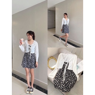 Set váy 2 dây hoa nhí kèm áo cardigan, đầm hoa nhí + áo khoác