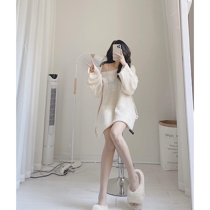 Áo len trơn lệch vai dấu quần