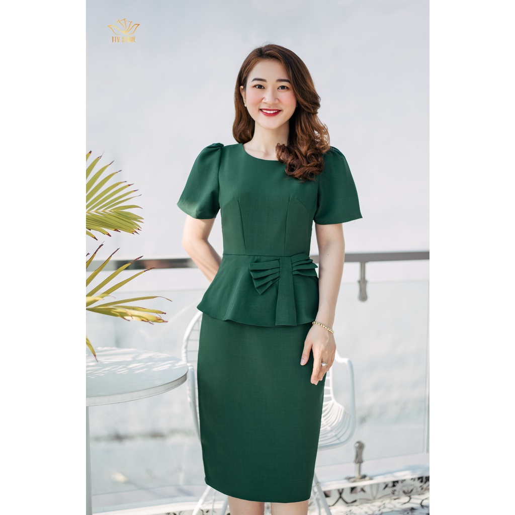 Đầm công sở dáng ôm thiết kế form đầm trung niên - Cổ tròn peplum phối nơ - Xanh rêu - TTV767 TTV Store