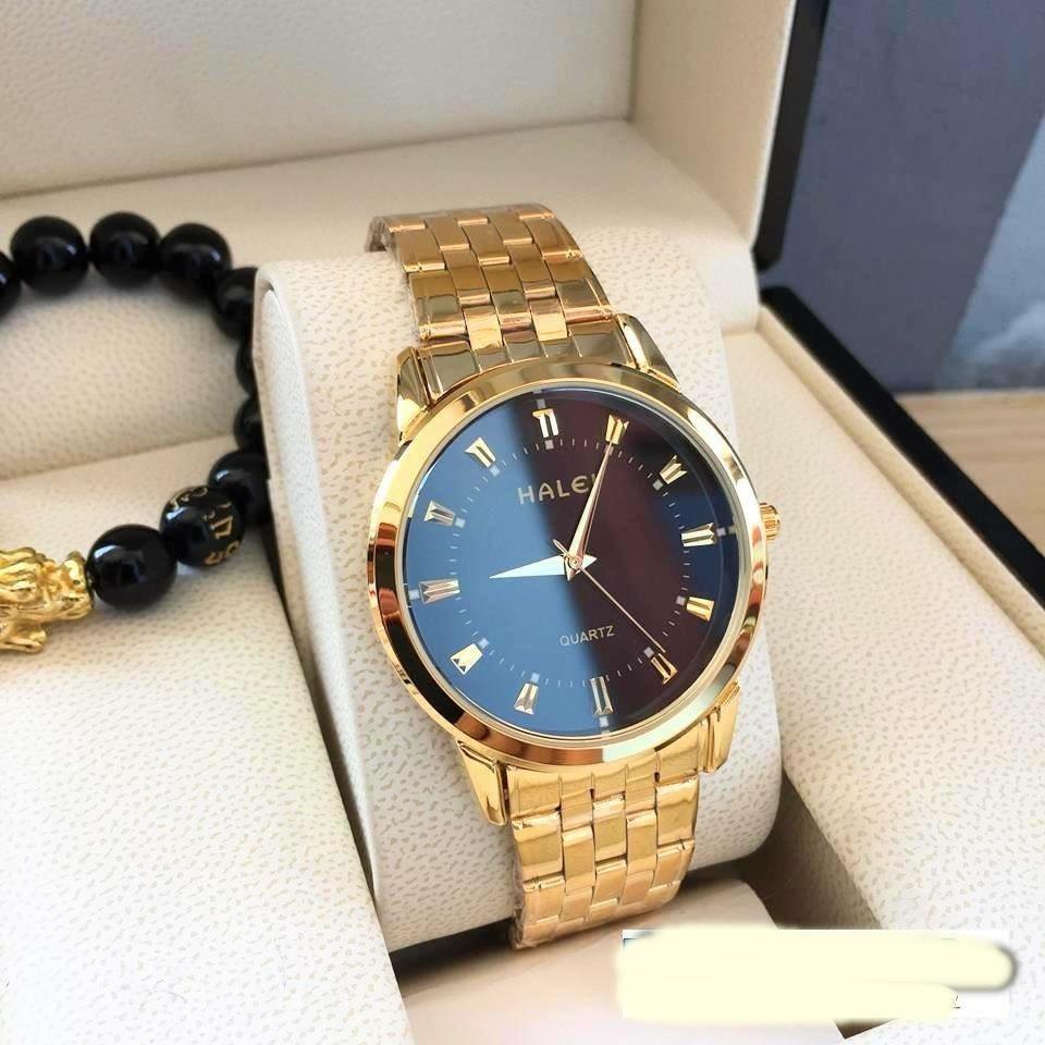 Đồng hồ cặp đôi nam nữ Halei mặt đen dây da kim loại chính hãng Tony Watch 68