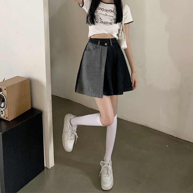 Chân váy jean Dáng Ngắn Lệch Tà Kiểu Hàn Quốc Dễ Phối Đồ Cho Nữ