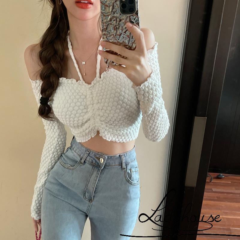 Áo Croptop Trễ Vai Tay Dài Màu Sắc Đơn Giản Cho Nữ