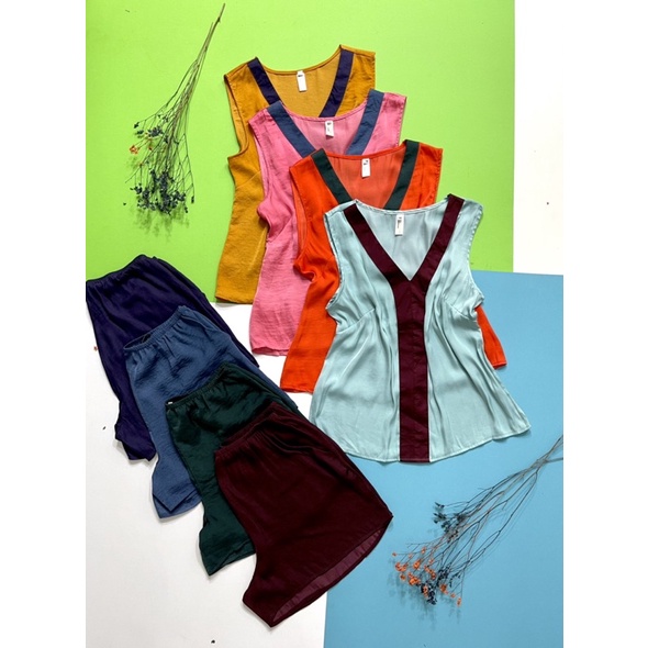 Bộ lụa đùi phối nẹp mặc nhà không tay Infashion