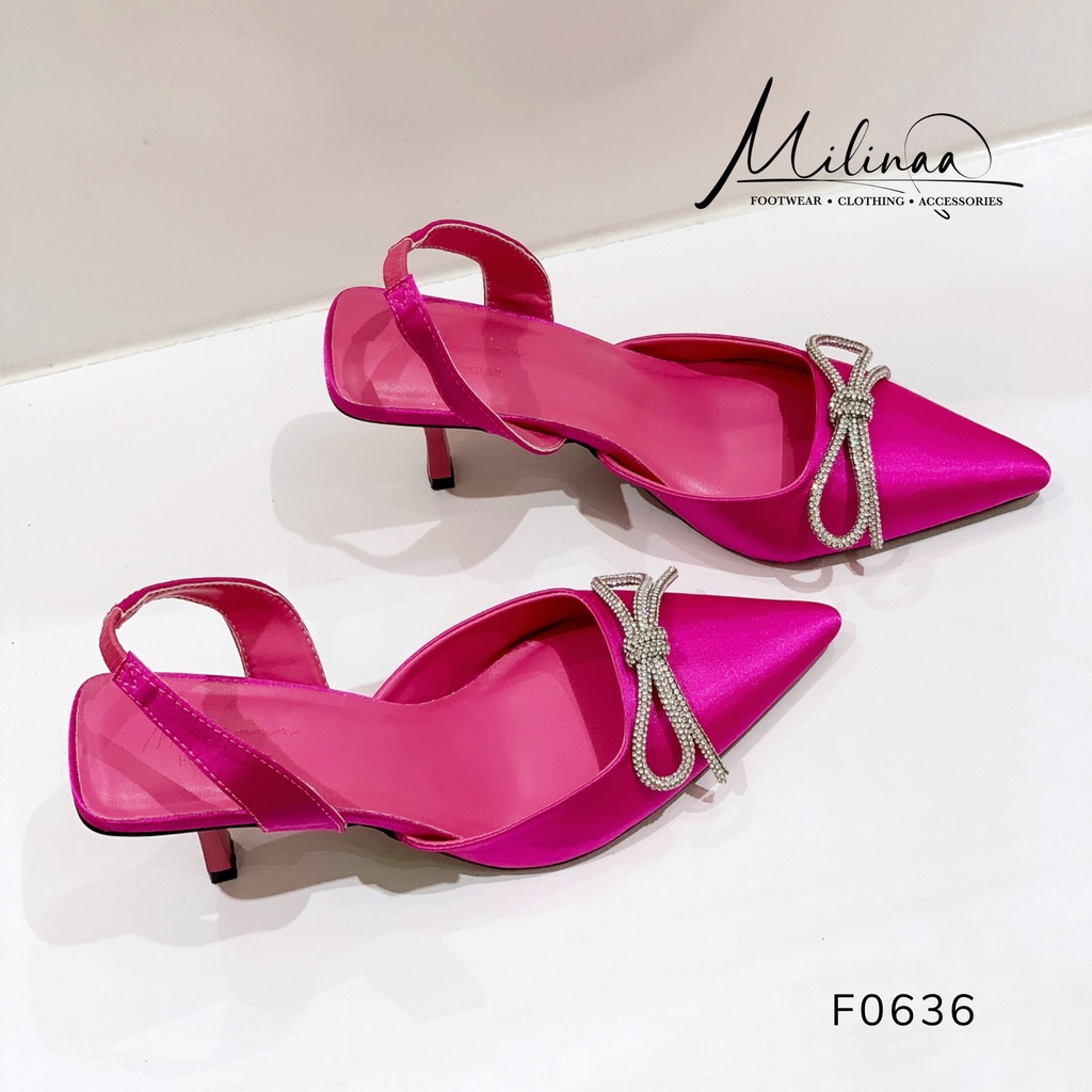 GIÀY CAO GÓT NỮ SLINGBACK GÓT NHỌN 5P BÍT MŨI SATIN PHỐI NƠ XOÀN HỞ GÓT F0636