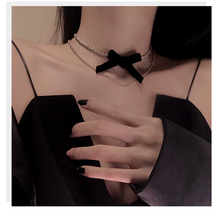 Vòng cổ choker 2 lớp mặt hình nơ đính đá phong cách Hàn Quốc thời trang