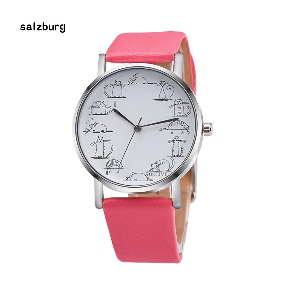 Đồng hồ nữ mặt in hình mèo hoạt hình dễ thương dây giả da | BigBuy360 - bigbuy360.vn