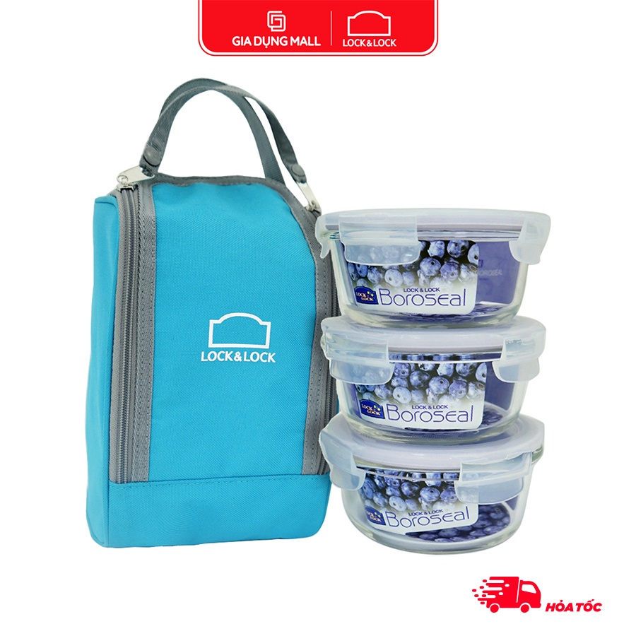 Bộ Túi Hộp Cơm Thủy Tinh Chịu Nhiệt 4EA Lock&Lock LLG821BS3 (380ml / Hộp) - giadungmall
