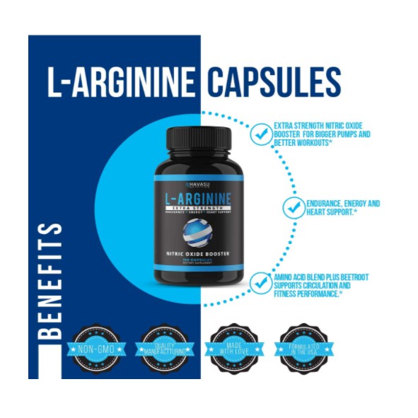 Havasu Nutrition Extra Strength L Arginine 1200mg bổ sung cho sự phát triển cơ bắp, mạch máu và năng lượng 60v