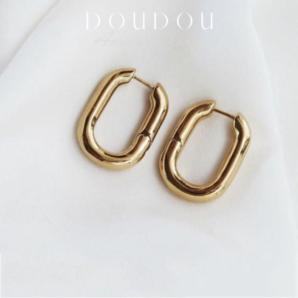 Bông tai nữ hình chữ nhật DOUDOU Khuyên tai nữ phong cách Hàn Quốc cá tính mạ vàng 14k thời trang EH005
