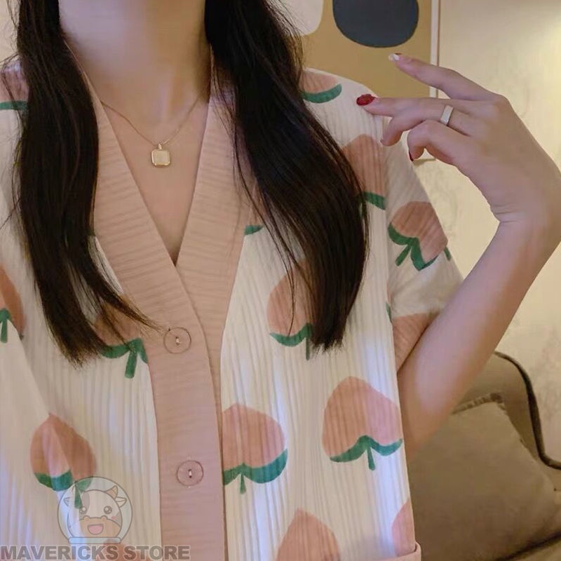 Bộ Đồ Ngủ Tay Ngắn In Hình Quả Đào Phong Cách Hàn Quốc Thời Trang Mùa Hè Cho Nữ