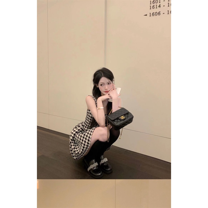 Summer 2022 new pure sexy spice girl sexy thousand grid bird suspender dress feminine waist puffy skirt