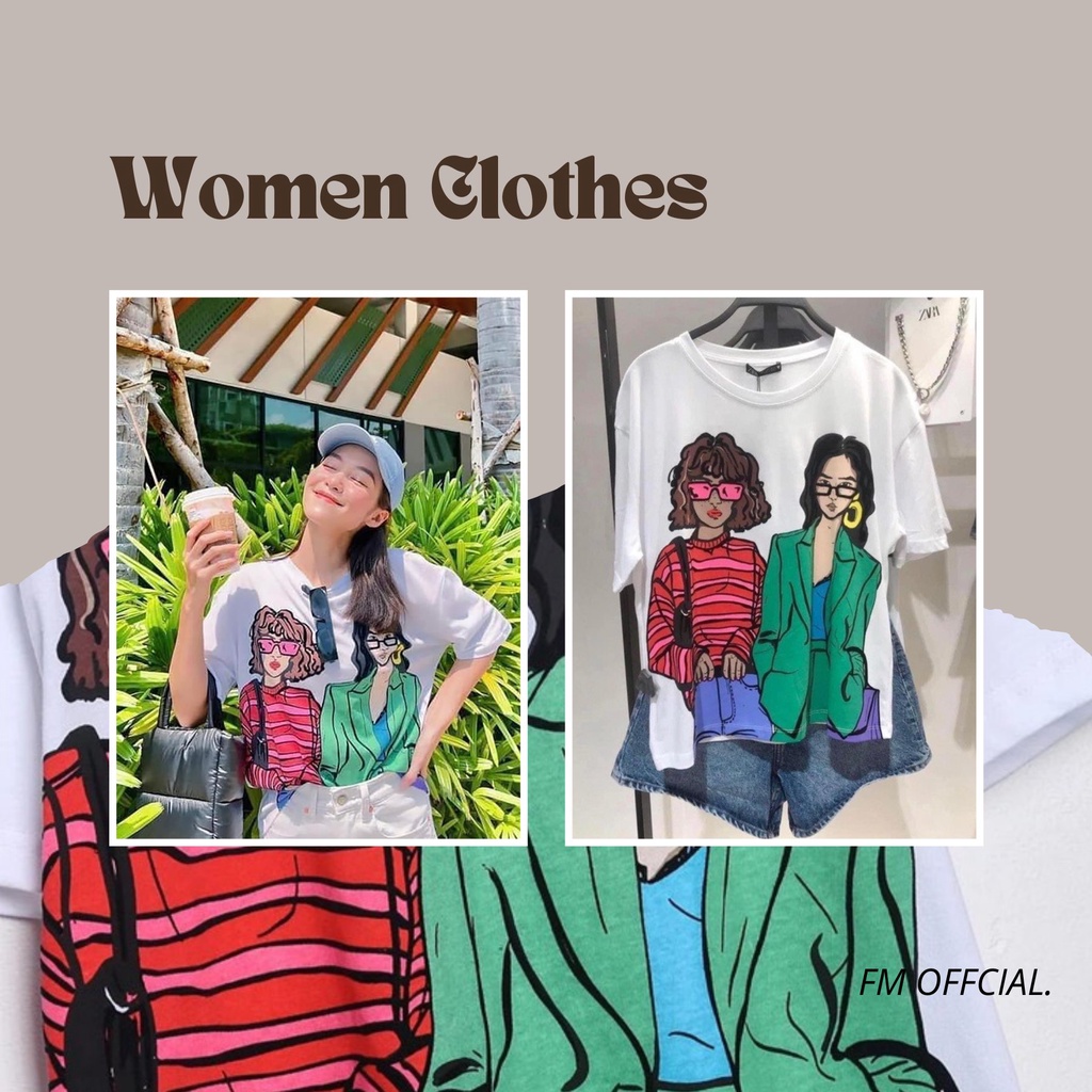 Áo phông nữ form rộng tay lỡ cổ tròn in hình 2 cô gái fmstyle, áo thun nữ form rộng hot trend | Fmstyle Shop 220410810