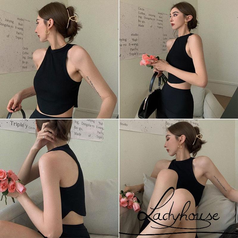 LDD-Women Bodycon Camisole, Solid Color Round Neck Sleeveless Cropped Tank Tops, White/ Black