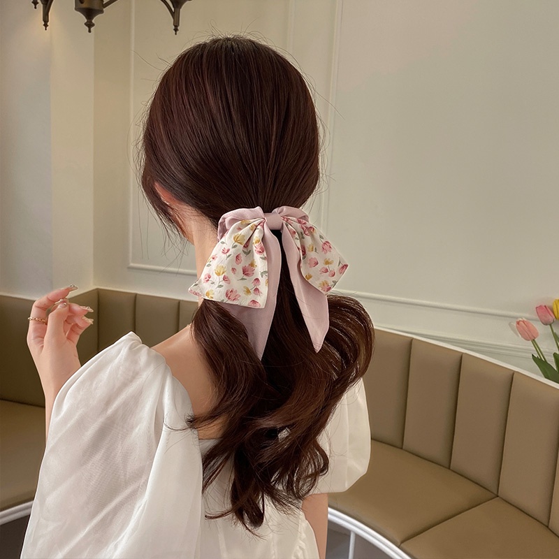 Dây Cột Tóc Lụa Thắt Nơ In Họa Tiết Hoa Mới Cho Nữ