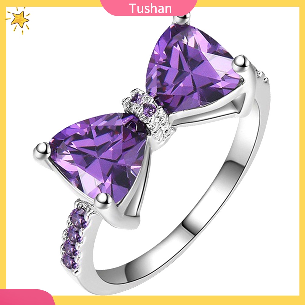 Nhẫn đính hôn hình nơ khảm thạch anh tím thời trang