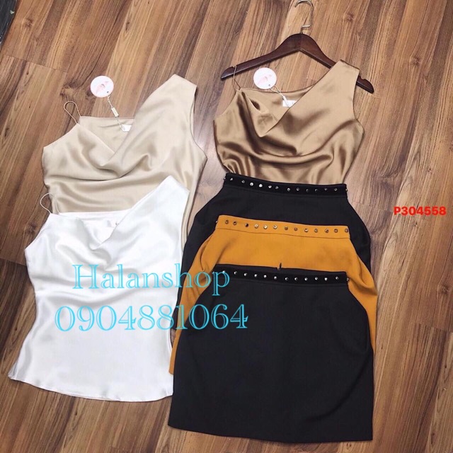 Set áo phi lệch vai kèm chân váy đính ngọc sang chảnh