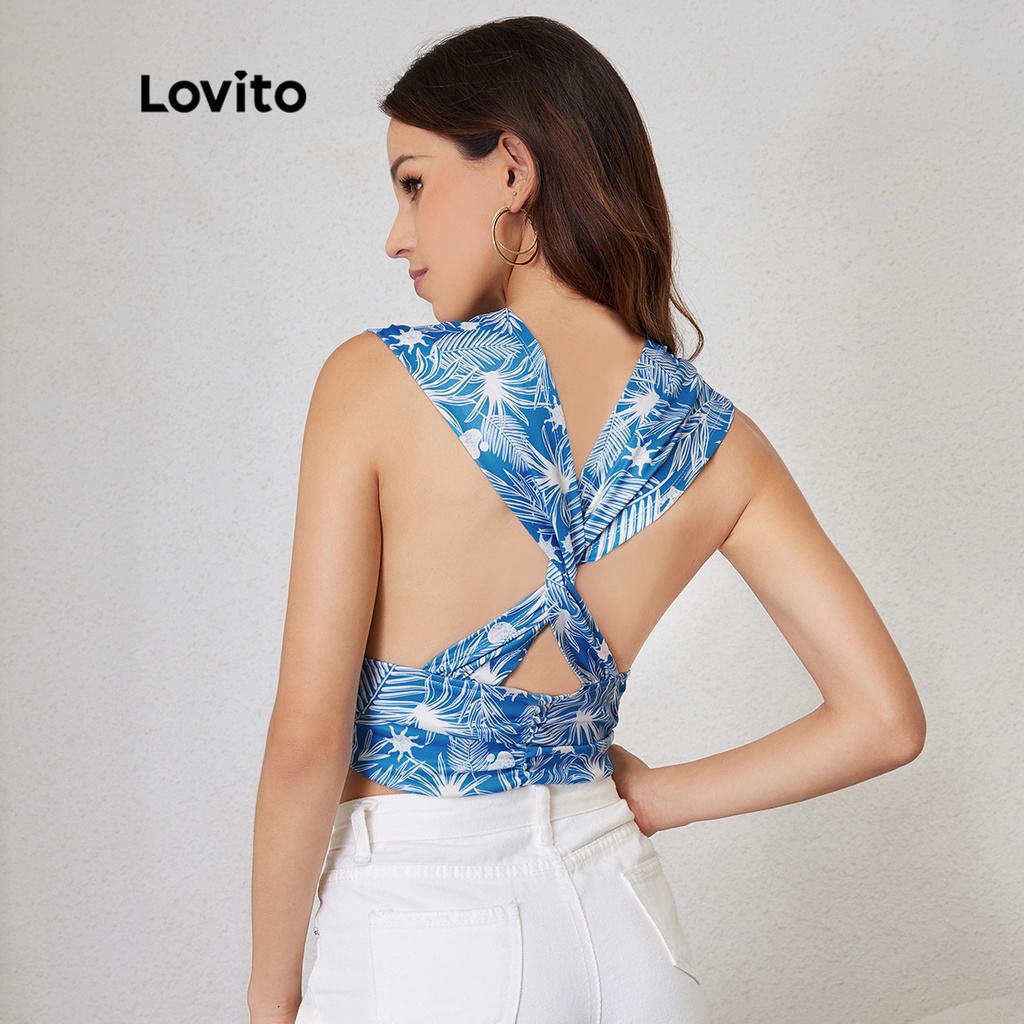 Lovito Boho Plants Shirring Không tay Xoắn Áo tăng cổ chữ V L24LE019 (Xanh và Trắng)