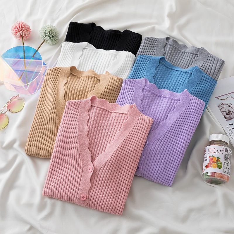 Áo cardigan Dệt Kim Tay Ngắn Cổ Chữ V Màu Trơn Cài Nút Đơn Giản Phong Cách Thời Trang Mùa Thu Mới Dành Cho Nữ