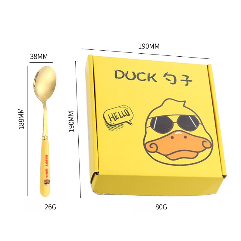 Hộp 6 chiếc thìa ăn cho bé, muỗng ăn đồ tráng miệng bằng thép không gỉ màu vàng hình vịt nhỏ