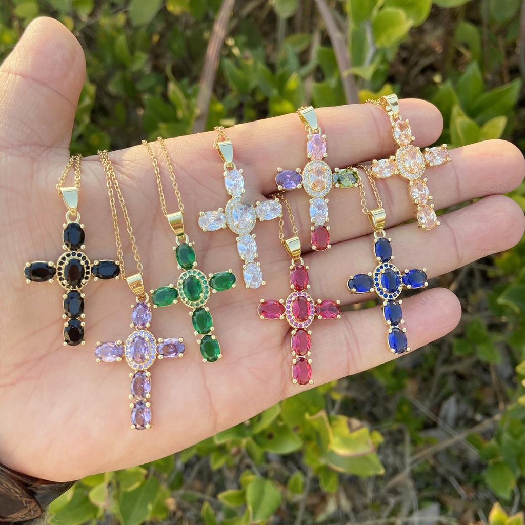 Vòng cổ Mặt Chữ Thập Đính Đá Zircon Màu Tím / Xanh Lá