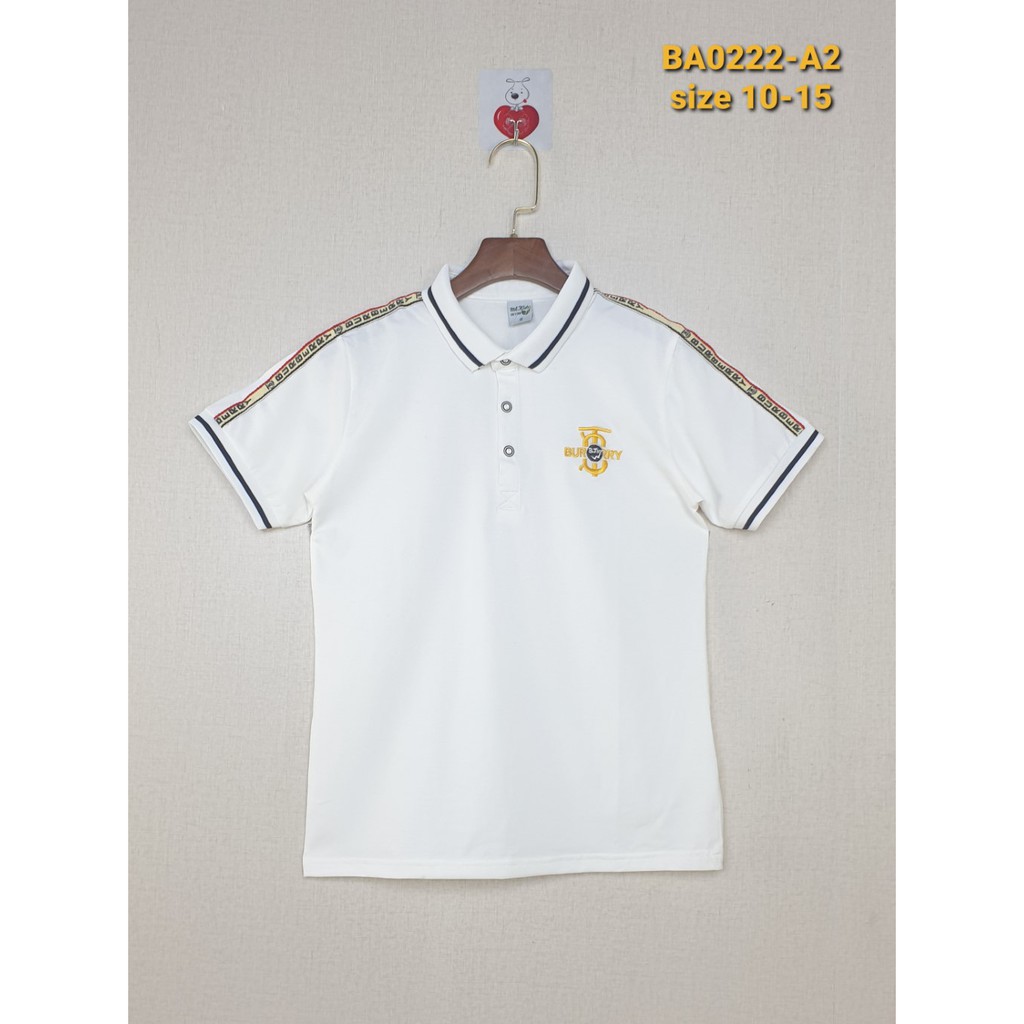BA0222-A2 - Áo bé trai cộc tay cổ trụ, thêu logo, màu trắng hiệu MTKids, Size to 10t-15t, ri6 - Hàng Made In Vietnam