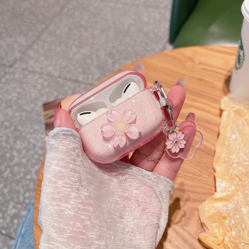 Vỏ Bảo Vệ Hộp Sạc Tai Nghe AirPods 1 2 pro 3 2021 gen3 Bằng Silicon Hình Hoa Anh Đào Lấp Lánh Màu Hồng Dễ Thương