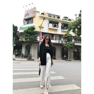 Set vest 3 món khoác vest đen + áo + quần suông trắng