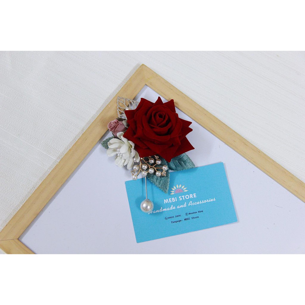 (ảnh thật) hoa cài áo handmade mẫu hồng nhung cánh nhọn dạng chùm cao cấp (No box)