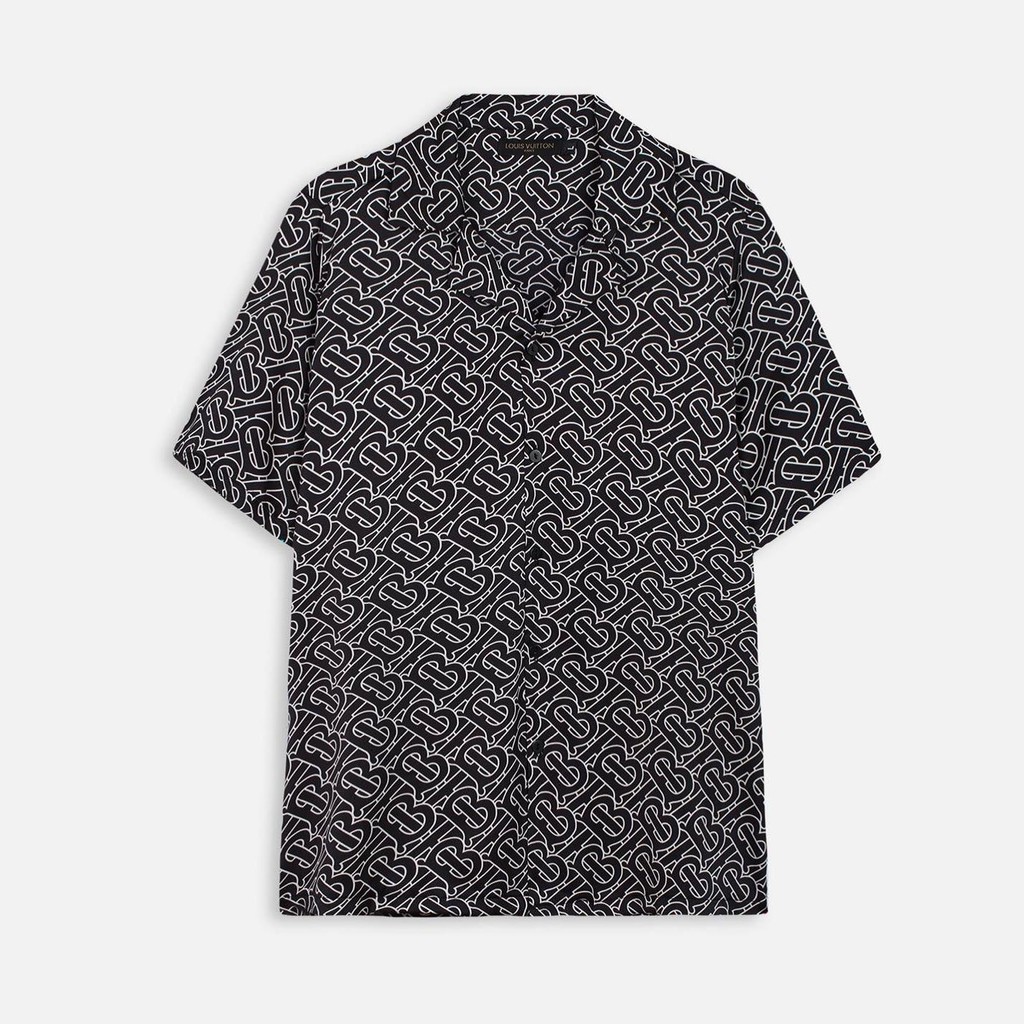 Áo sơ mi nam đen họa tiết BT, vải lụa thoáng mát, thấm hút, không nhăn, form suông