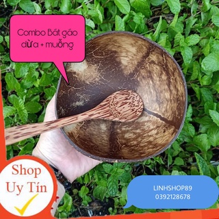 Bát gáo dừa + Muỗng gỗ dừa được làm từ 100% gáo/gỗ dừa tự nhiên tại Bến Tre