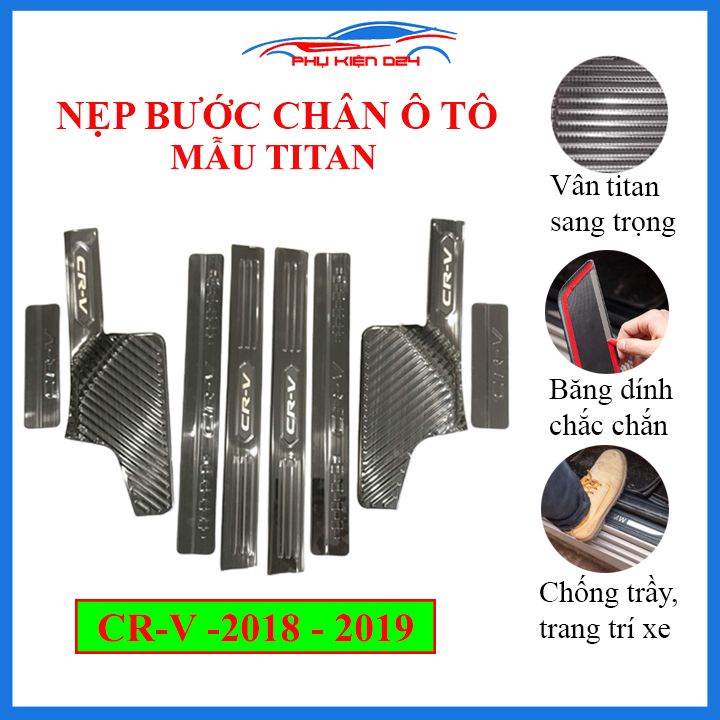 Bộ ốp bậc cửa trong ngoài nẹp bước chân CRV 2018-2019-2020-2021 vân Titan chống trầy trang trí xe