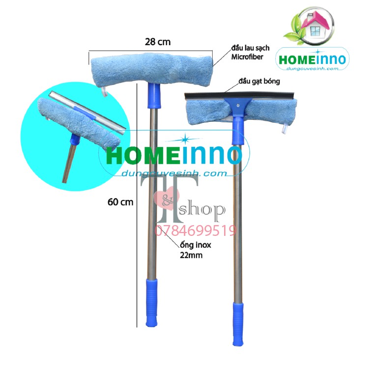 Bộ Cây Lau Kiếng, Gạt Lau Kính 2 Trong 1 Homeinno Cán Dài 60cm