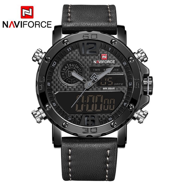 NAVIFORCE NF9134 Men Sport Fashion Leather Band Analog Digital Watch