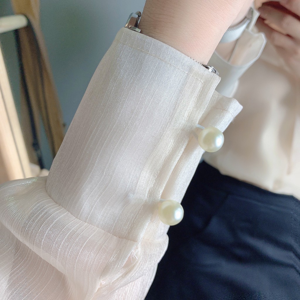Áo sơ mi cổ nơ tay phồng tiểu thư THUS, Áo chất tơ lụa cho nàng công sở dễ thương A2F01