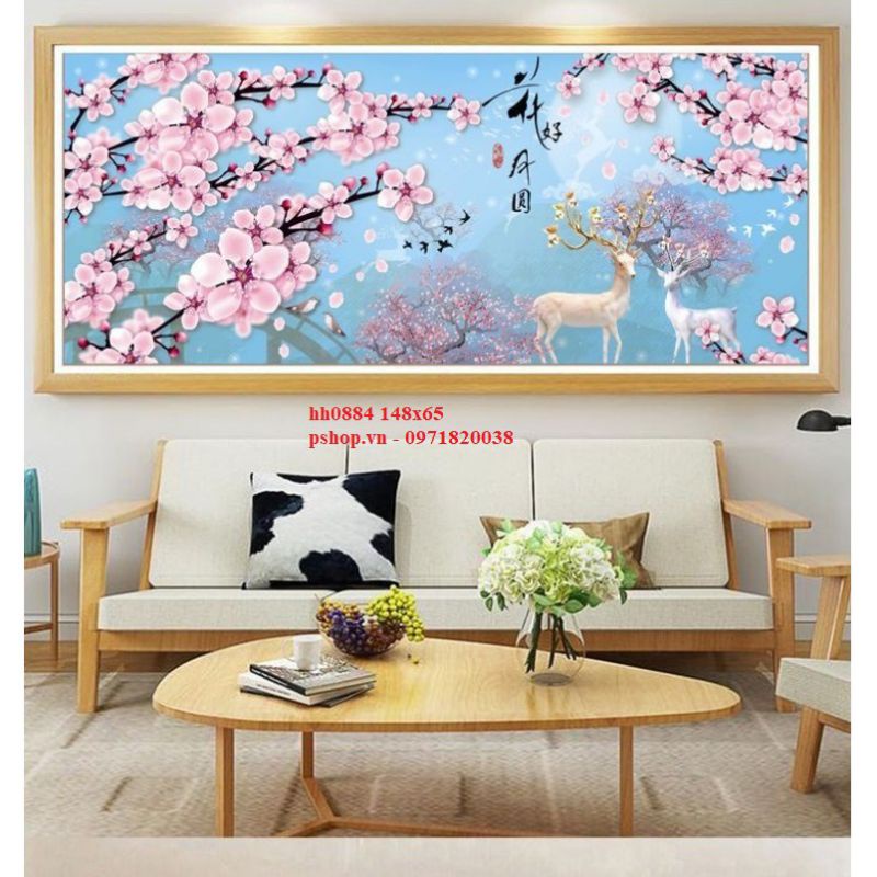 Tranh thêu kín chữ thập Phong cảnh Hươu Nai và hoa đào HH0884(148x65cm)