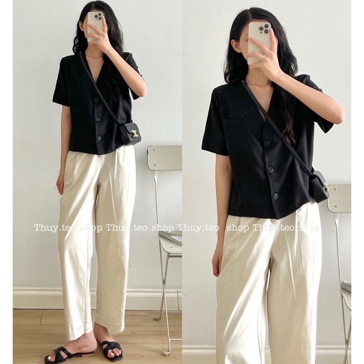 Áo kiểu cộc tay cổ V dáng ngắn style hàn quốc