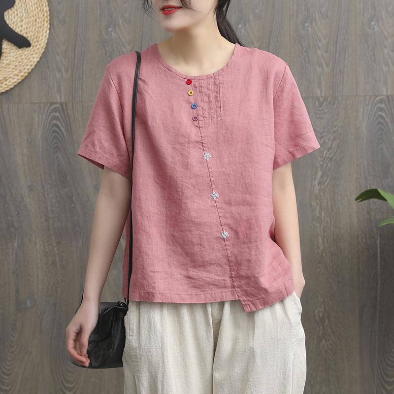 Áo Thun 35% Cotton Linen Tay Ngắn Dáng Rộng Thêu Họa Tiết Thời Trang Mùa Hè Kiểu Mới Cho Nữ