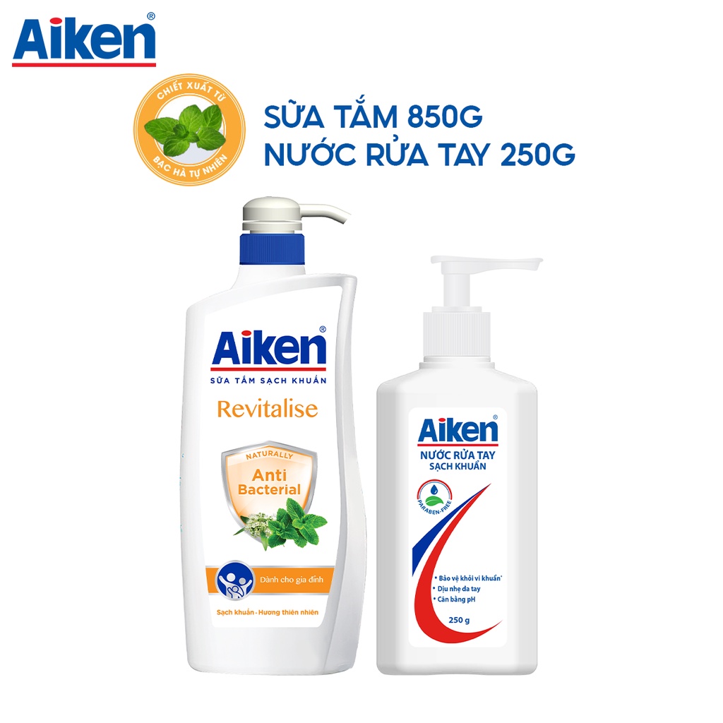 Combo Sữa tắm sạch khuẩn Aiken chiết xuất bạc hà 850g/chai + nước rửa tay 250g