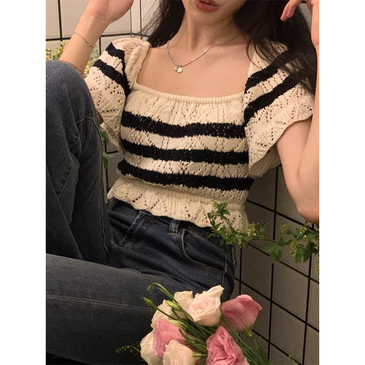 MS720 Áo crotop nữ len đan móc kẻ ngang dày dặn