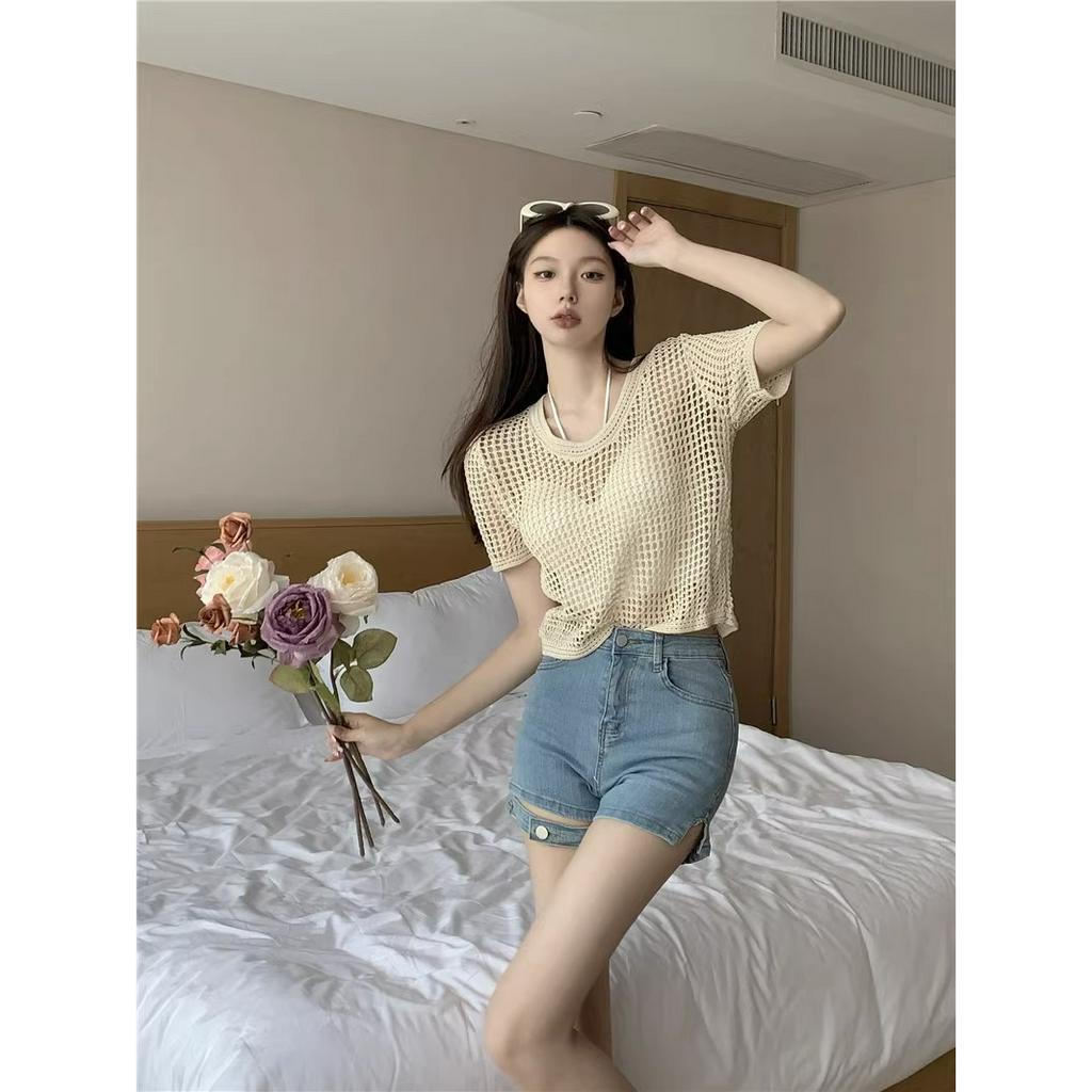 QKOOLE Áo Dệt Kim Ngắn Tay Chống Nắng Phong Cách Hàn Quốc Thời Trang Mùa Hè Cho Nữ